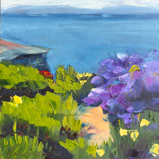 landscape painting of an ocean view with purple flowers and green plants 6 x 6 inches
