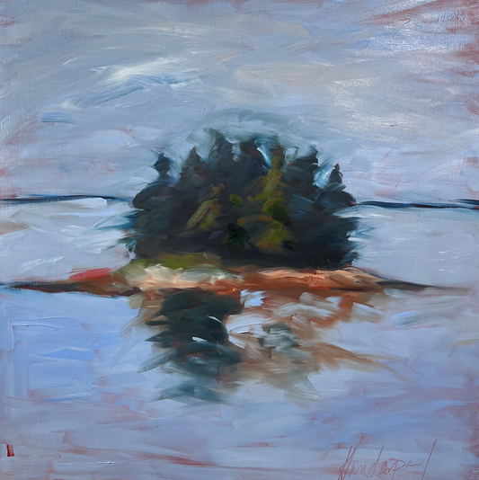 a landscape painting of an island standing alone in the ocean