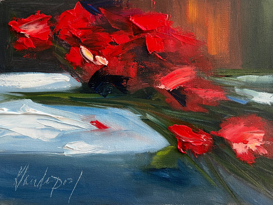 red flowers strewn across the snow painting 5 x 7 inches