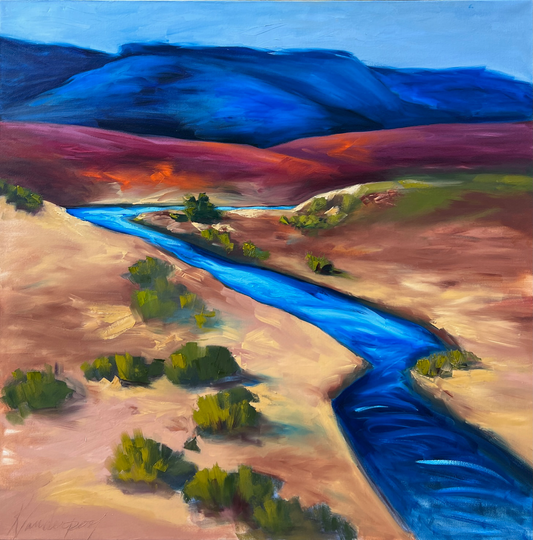landscape painting 36 x 36 inches of a river flowing through the new mexico landscape 