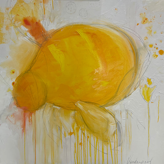 abstract painting of an abstract drippy bumblebee 36 x 36 inches
